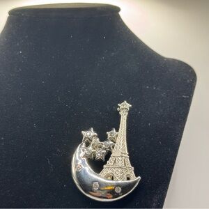Eiffel Tower Brooch Pin On Quarter Moon With Seven Stars And Crystal Rhinestones
